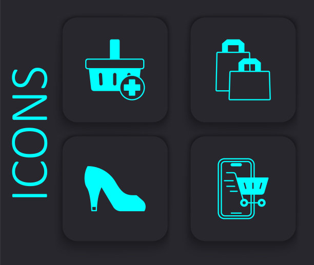 设置移动购物车，添加到购物篮，纸袋和女人鞋图标。黑色方形按钮。向量图片下载