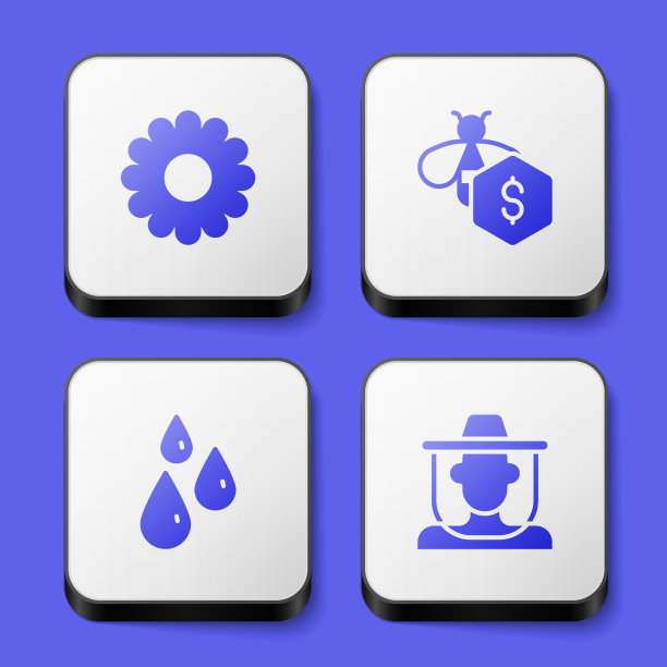 集花，销售蜜蜂，滴蜂蜜和养蜂人与保护帽子图标。白色方形按钮。向量图片下载