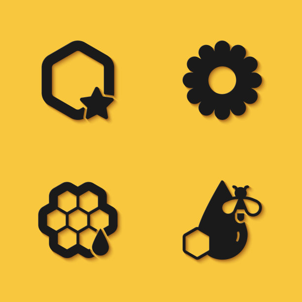 设置蜂巢，蜜蜂和蜂巢，花图标与长阴影。向量图片下载