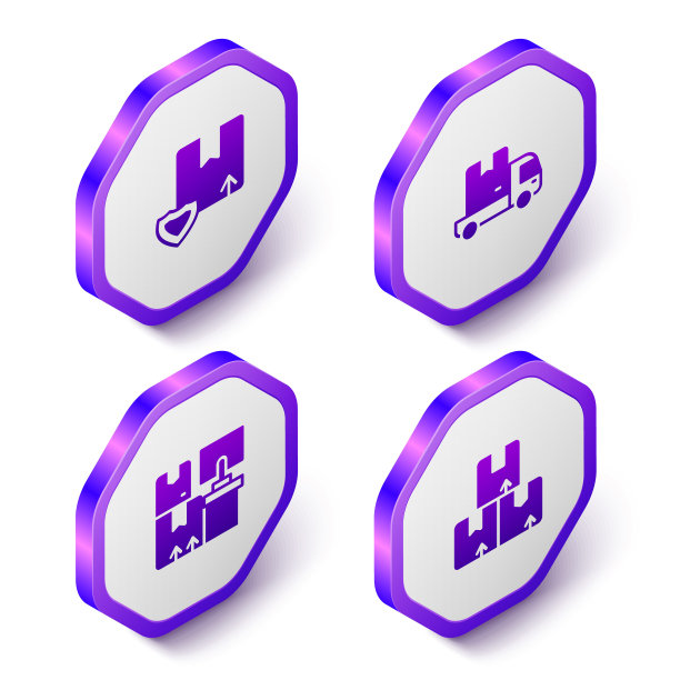 设置等距交付安全盾牌，货物卡车，仓库箱子和纸板箱图标。紫色六角形扣子。向量图片下载