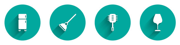 设置冰箱，橡胶柱塞，马桶刷和酒杯图标与长阴影。向量图片下载