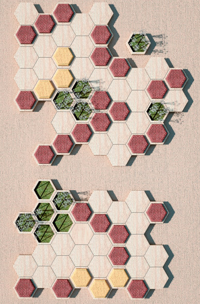 三维渲染的六边形模块化木座椅与植物在学校图片下载