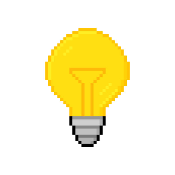像素艺术灯泡。8位灯泡图标概念的想法，思考，创造力，头脑风暴，解决方案。标志设计。矢量图图片下载