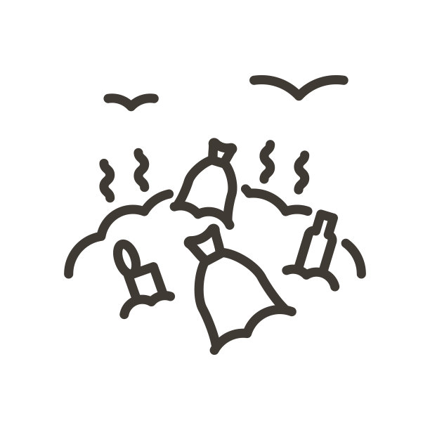 矢量细线图标轮廓线性笔画的垃圾填埋堆包围海鸥图片下载