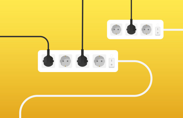 黄色背景上有几根延长线、电线和充电器。电缆杂乱。电缆管理。电插座和许多带电线的插头。平面设计。矢量图图片下载