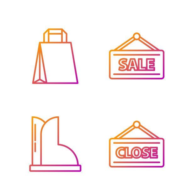 挂线标志为封闭，防水橡胶靴，纸质购物袋，挂线标志为销售。渐变颜色图标。向量图片下载