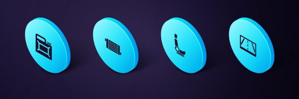 设置等距Gps装置，地图，汽车座椅，散热器冷却系统和机油罐图标。向量图片下载