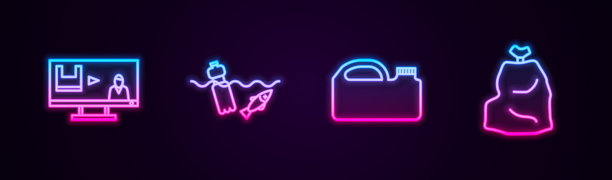 设置线停止塑料污染，海洋问题，机油罐和垃圾袋。发光的霓虹灯图标。向量图片下载