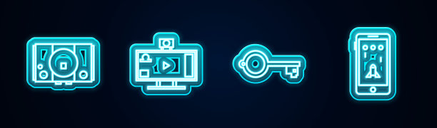 集在线视频游戏机、在线直播、古键、移动和播放于一体。发光的霓虹灯图标。向量图片下载