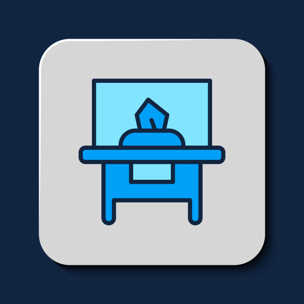 填充轮廓玻璃展柜为展览图标隔离在蓝色背景。向量图片下载