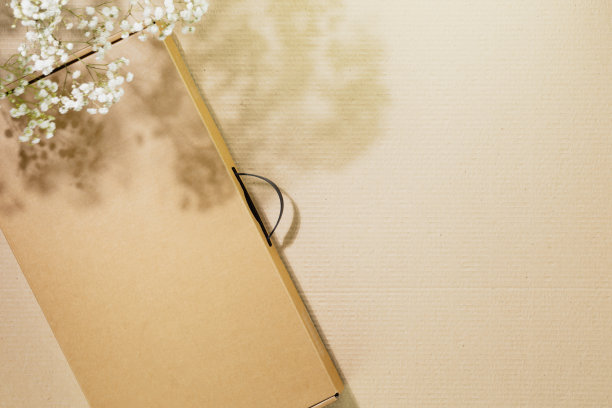 纸盒上的纸板背景与白色花朵和复制空间图片下载