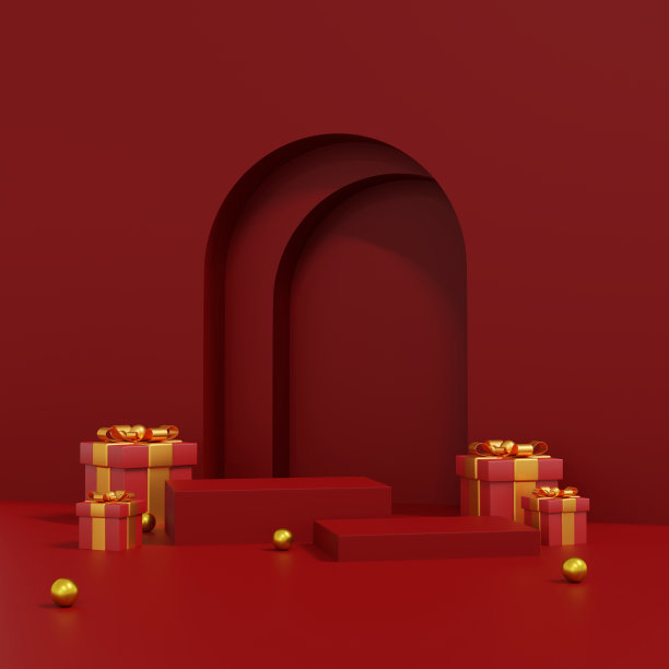 红色讲台与甜美的红色平台。展示化妆品和饮料产品的舞台。舞台夏季在台座现代3d工作室红色平台图片下载