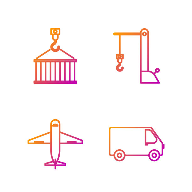 设置线路运输货车、飞机、集装箱吊车和港口吊车。渐变颜色图标。向量图片下载