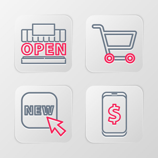 设置行智能手机与美元，按钮文本新建，购物车和建设和打开图标。向量图片下载