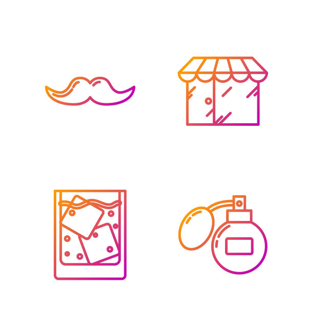 须后水，威士忌和冰块，小胡子和理发店。渐变颜色图标。向量图片下载