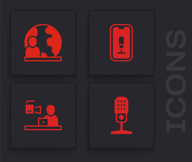 设置麦克风，世界新闻，移动录音和中断图标。向量图片下载