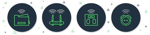 设置线路路由器和wi-fi信号，智能浴室秤，打印机和机器人吸尘器图标。向量图片下载