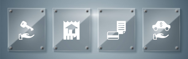 设置租车，信用卡，房子和钥匙。方形玻璃面板。向量图片下载