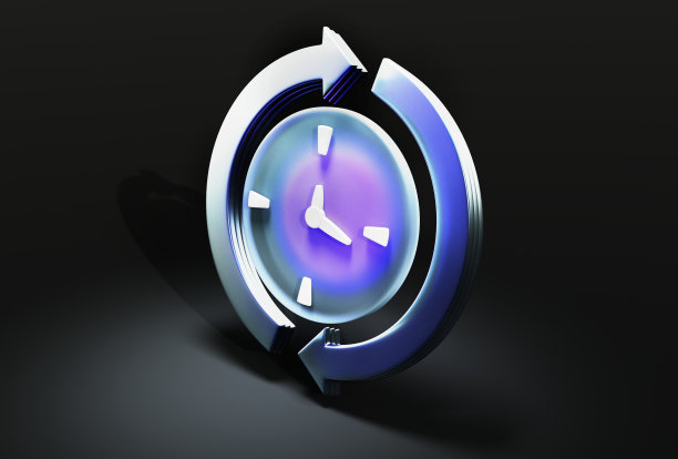 时钟图标与箭头周围的玻璃形态风格在黑暗隔离背景3d渲染图片下载