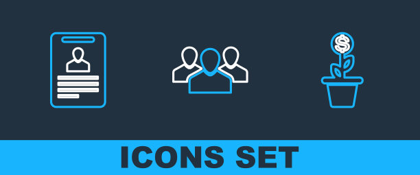 在花盆中设置行美元植物，标识徽章和用户组图标。向量图片下载