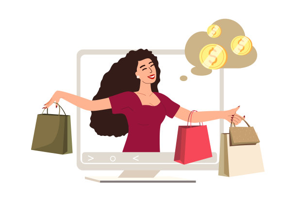 网上购物的概念。顾客在网上虚拟商店购买商品。快乐的女购物者在网上市场销售。平面矢量插图孤立在白色背景上图片下载