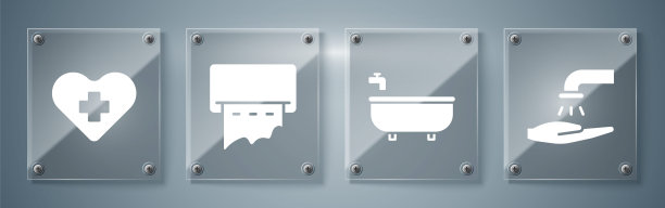 用肥皂洗手，浴缸，纸巾机在墙上，心形与十字。方形玻璃面板。向量图片下载