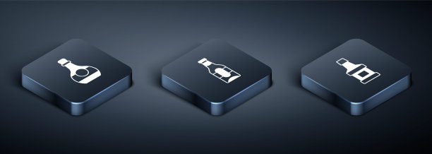 设置等距瓶干邑或白兰地，威士忌瓶和啤酒图标。向量图片下载