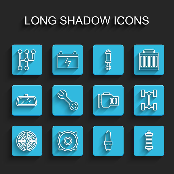 设置线合金车轮，汽车音响扬声器，换挡器，火花塞，减震器，扳手扳手，汽车底盘和检查发动机图标。向量图片下载