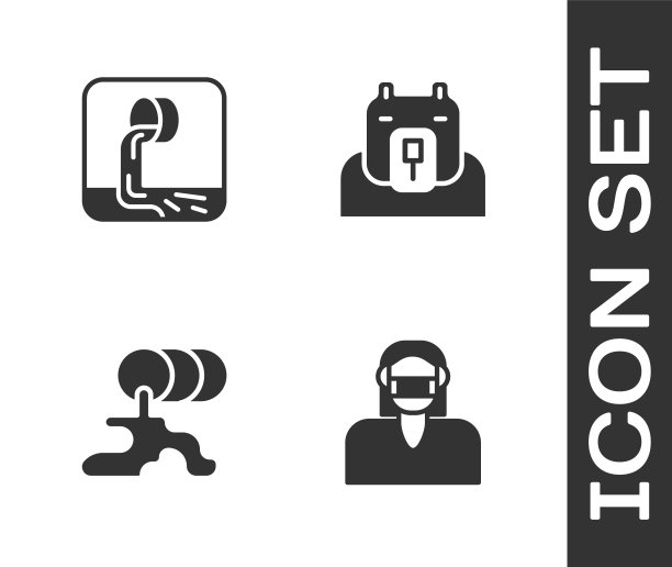 设置脸在防护面具，废水，桶漏油和北极熊头图标。向量图片下载