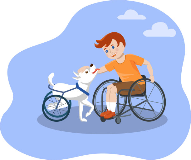 一个坐在轮椅上的男孩正开心地抚摸着一只残疾的狗。图片下载