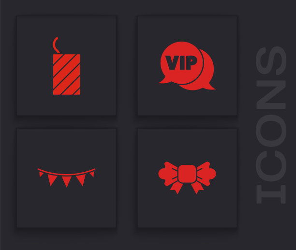 设置领结，烟花火箭，贵宾在演讲泡泡和嘉年华花环与旗帜图标。向量图片下载