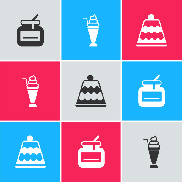 集罐蜂蜜，奶昔和蛋糕图标。向量图片下载