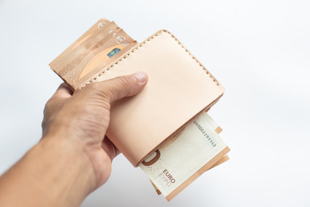 手持皮革钱包与欧元的白色背景图片下载