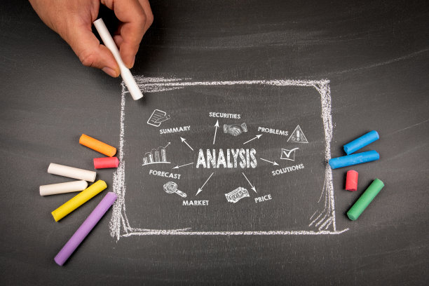 分析。商业、财务、目标和成就概念。带有关键字和图标的图表。黑色粉笔板图片下载