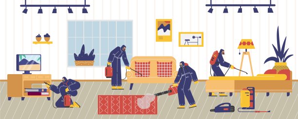 害虫控制消毒器用化学药品处理房间，平面矢量插图。图片下载