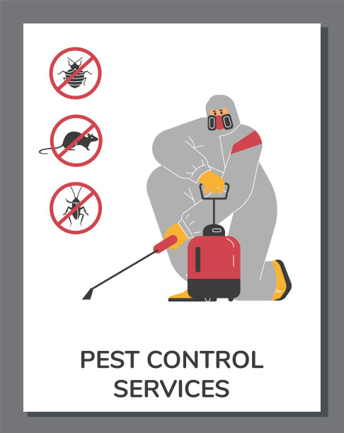 害虫防治服务人员与灭虫工具，海报模板-平面矢量插图。图片下载