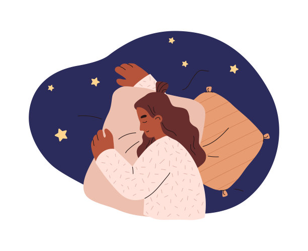 微笑的女人睡在一边拥抱枕头顶部视图平面风格图片下载