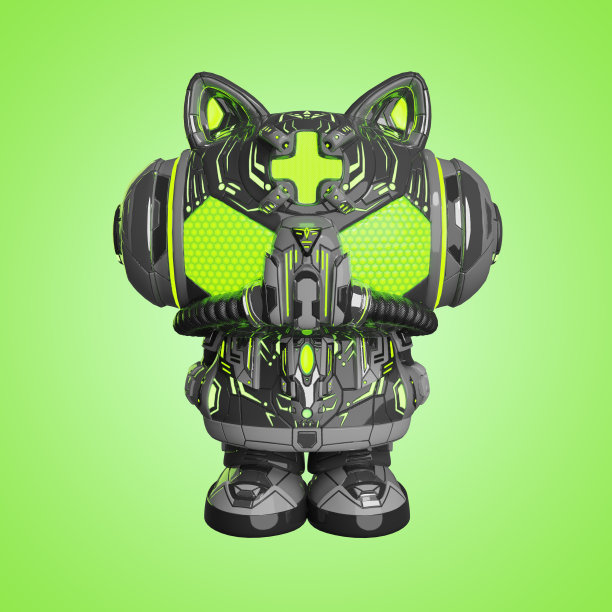 网络猫在黑色盔甲上的绿色背景。阿凡达3d渲染图片下载