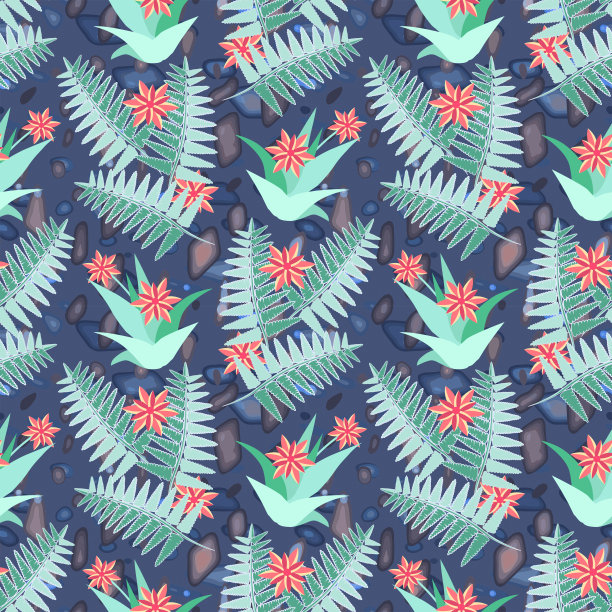 芦荟仙人掌与蕨类无缝模式。图片下载