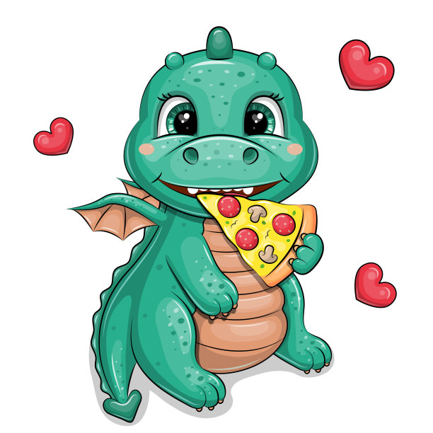 可爱的卡通绿龙正在吃一块披萨。图片下载