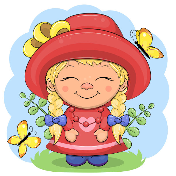 戴着红色帽子和穿着红色连衣裙的可爱卡通女孩图片下载