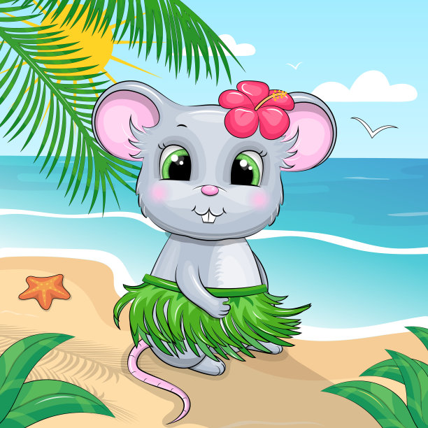 一只可爱的卡通夏威夷老鼠，戴着一朵花，穿着绿色的裙子，坐在海滩上。图片下载