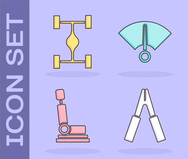 设置汽车电池跳线电源线，底盘汽车，汽车座椅和速度计图标。向量图片下载