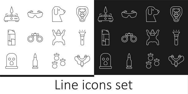 设置线弹弓，手电筒，狗，双筒望远镜，打火机，野营煤气炉，熊皮肤和眼镜图标。向量图片下载