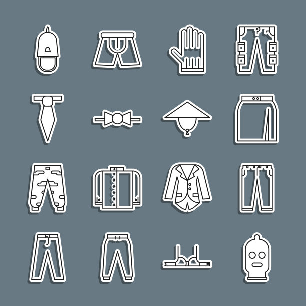 套装线巴拉克拉瓦帽，裤子，裙子，皮革手套，领结，领带，警察帽与帽徽和亚洲锥形帽图标。向量图片下载