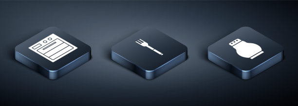 设置等距烤箱，盐和胡椒和叉子图标。向量图片下载