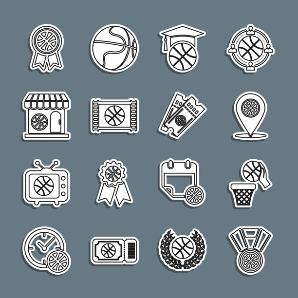 设置线篮球奖牌，和篮子，位置与篮球，训练，比赛视频，体育商店，奖品和门票图标。向量图片下载