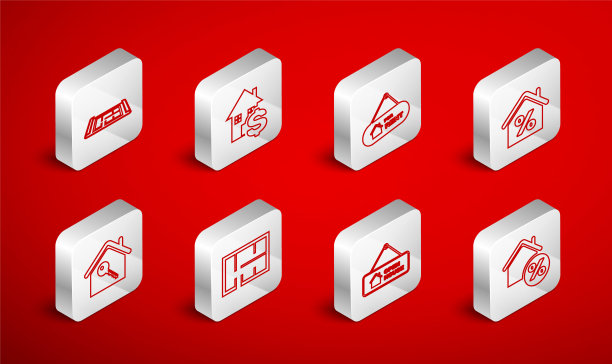 设置线房子与百分比，美元，悬挂标志出租，开放的房子，计划，和关键图标。向量图片下载