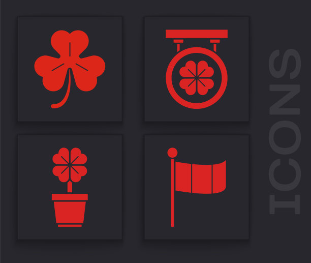 设置爱尔兰国旗，四叶草，街道招牌与四叶草和四叶草在罐图标。向量图片下载