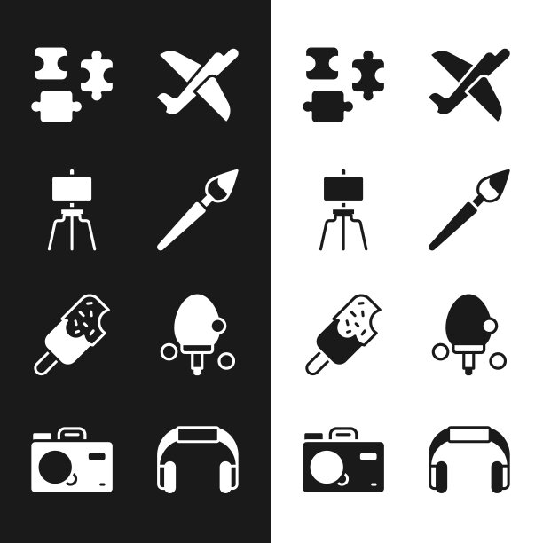 设置油漆刷，木画架，拼图玩具，玩具飞机，冰淇淋，球拍，耳机和照片相机图标。向量图片下载